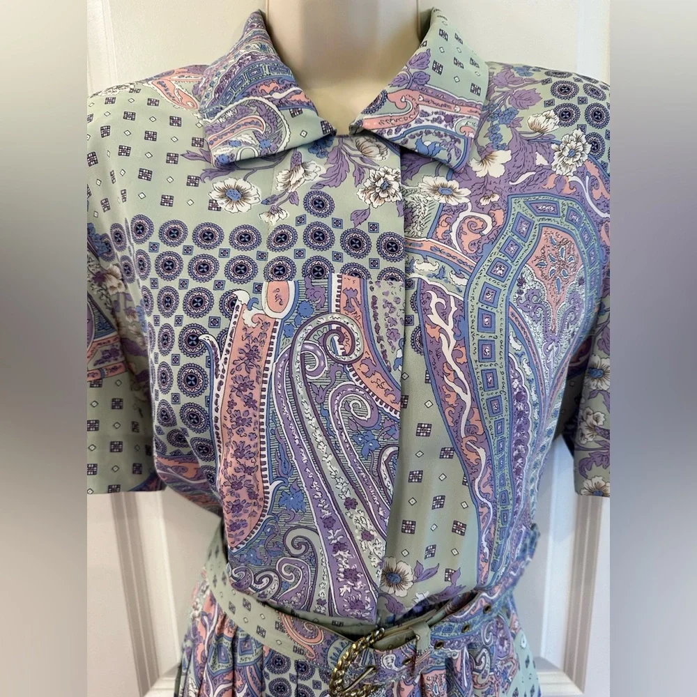 Leslie Fay Patchwork Print Dress Vintage Belted Pleated Skirt Women’s Size 10 - Picture 7 of 12